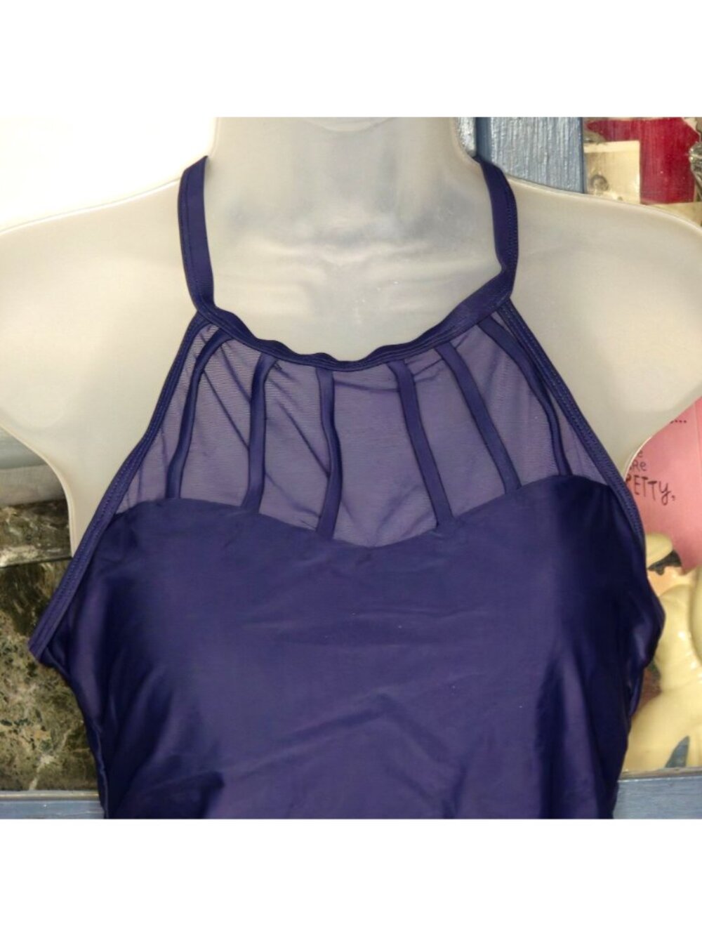 One Piece Swimwear XL Navy Halter Mesh Detail Adjustable Straps Built-in Bra - Picture 5 of 8